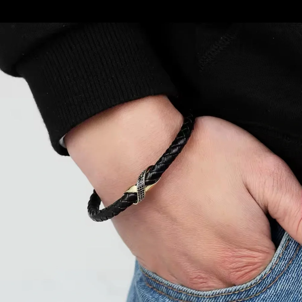 Black Braided Leather Bracelet with Black CZ Pavé Accent